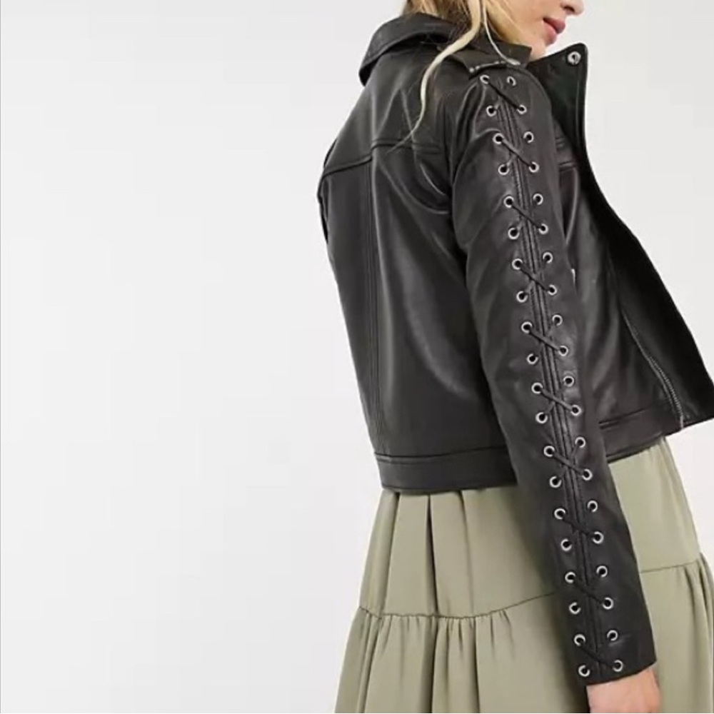 SOLD!! Lab London 100% Genuine Leather Biker Jacket Grommet Eyelet Lace Up - Picture 3 of 5
